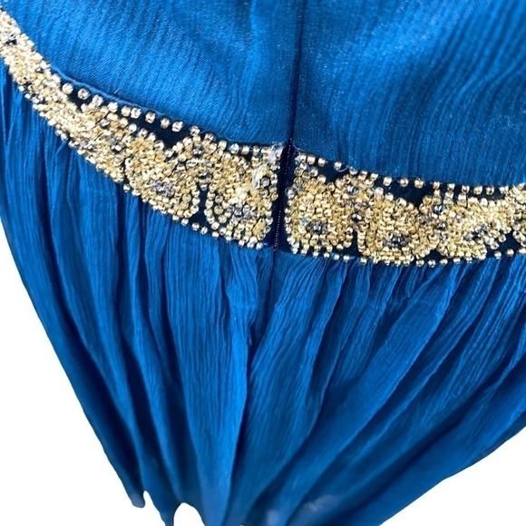 Maggy London Teal‎ Crepey 100% Silk Halter Midi Dress with Beaded Waist Sz 10 - Picture 4 of 8